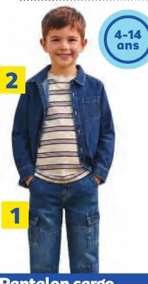1 Pantalon cargo denim / 2 T-shirt + chemise denim