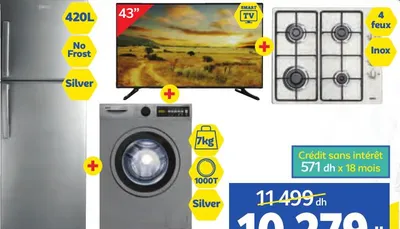 Réfrigérateur NF420 + machine à laver T1045S + TV LED + plaque de cuisson