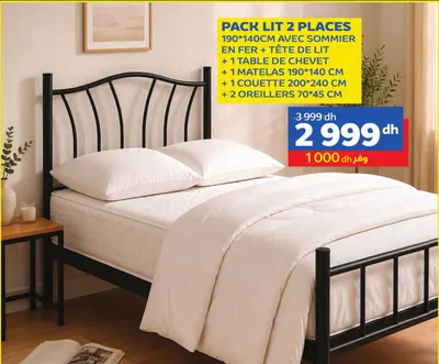 PACK LIT 2 PLACES 190*140CM AVEC SOMMIER EN FER + TÊTE DE LIT + 1 TABLE DE CHEVET + 1 MATELAS 190*140 CM + 1 COUETTE 200*240 CM + 2 OREILLERS 70*45 CM