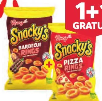 2 paquets de biscuits salés Snacky’s Rings Révey 100g (pizza + barbecue)