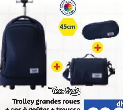 Trolley grandes roues + sac à goûter + trousse