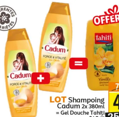 LOT Shampoing Cadum 2x 380ml = Gel Douche Tahiti